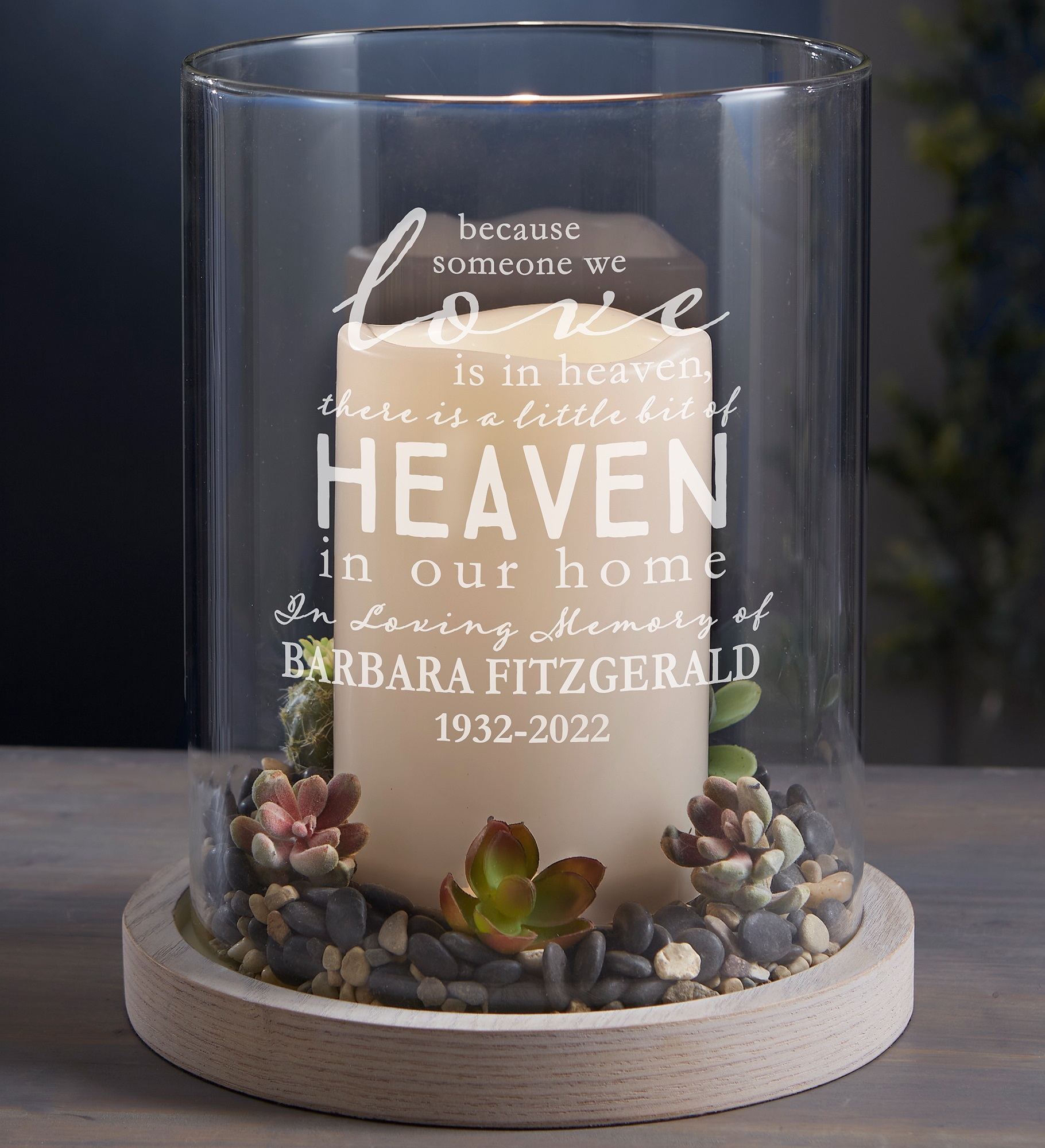 Heaven in Our Home Personalized Memorial Hurricane with Whitewashed Wood Base